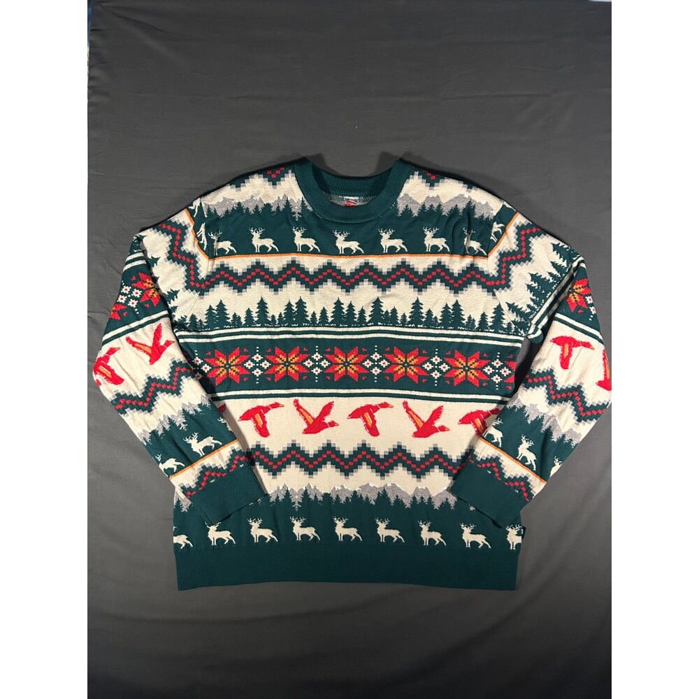 BURLEBO Christmas Sweater Deer Ducks Fair Isle Knit Green Outdoor Cabin Cozy L